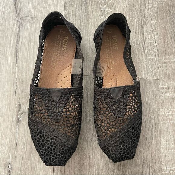 TOMS Alpargata Moroccan Black Crochet Floral Slip On Summer Flat Shoes Size 5 - Picture 3 of 17